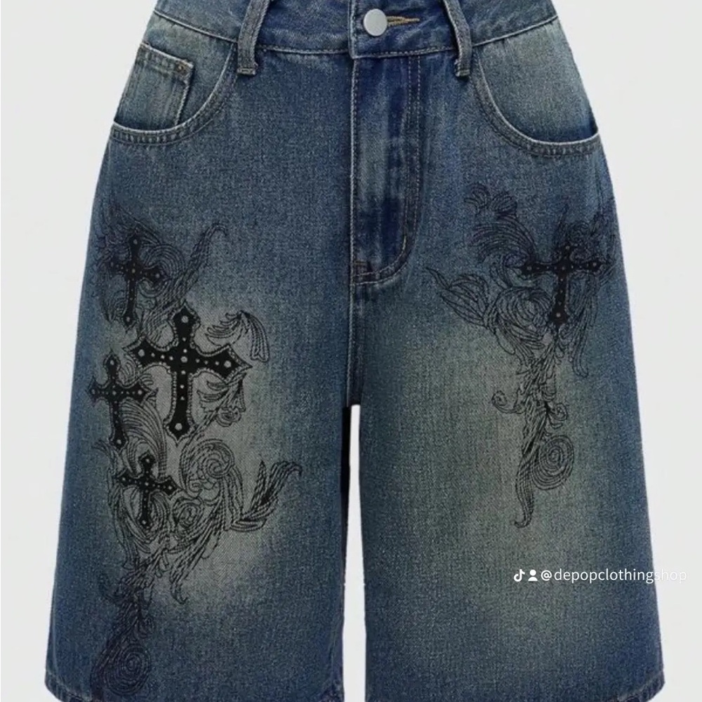 SHEIN Blue Jean Shorts with Black Cross Design
